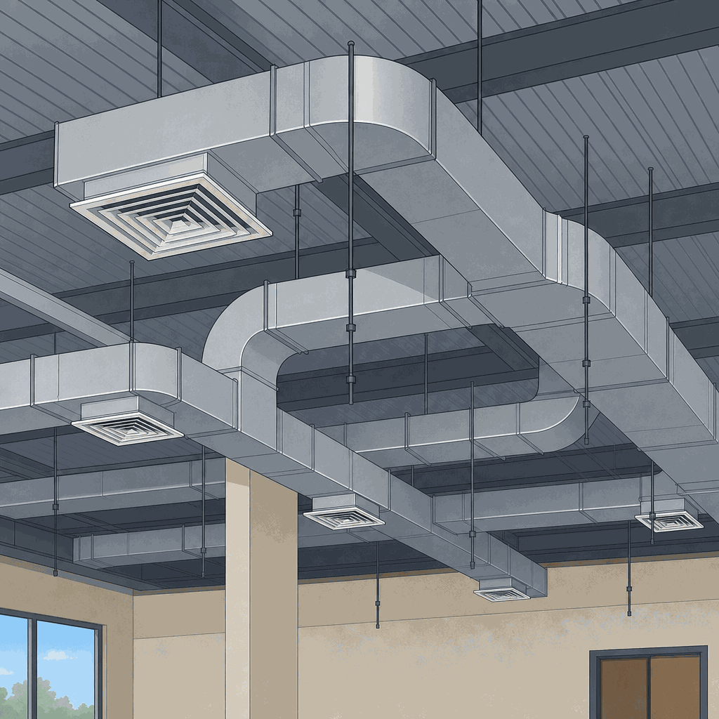 AI-generated generic illustration of commercial building HVAC ductwork, not a real jobsite, customer property, or staff