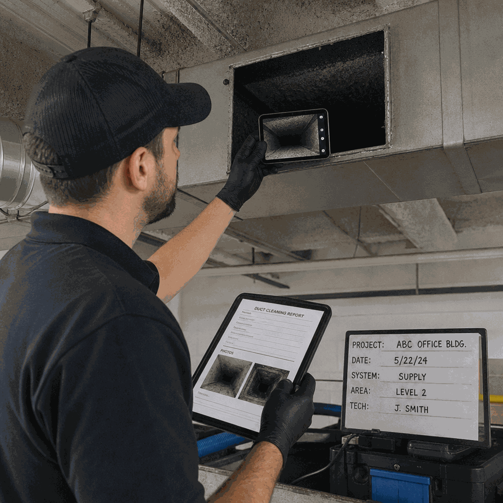 technician documenting commercial duct cleaning work with tablet and photos