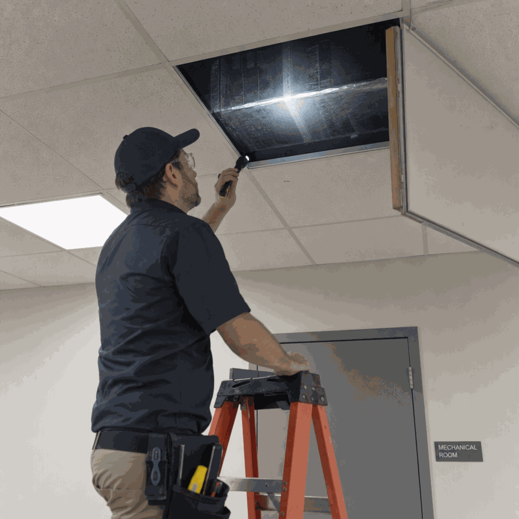 commercial technician inspecting overhead duct access in a facility