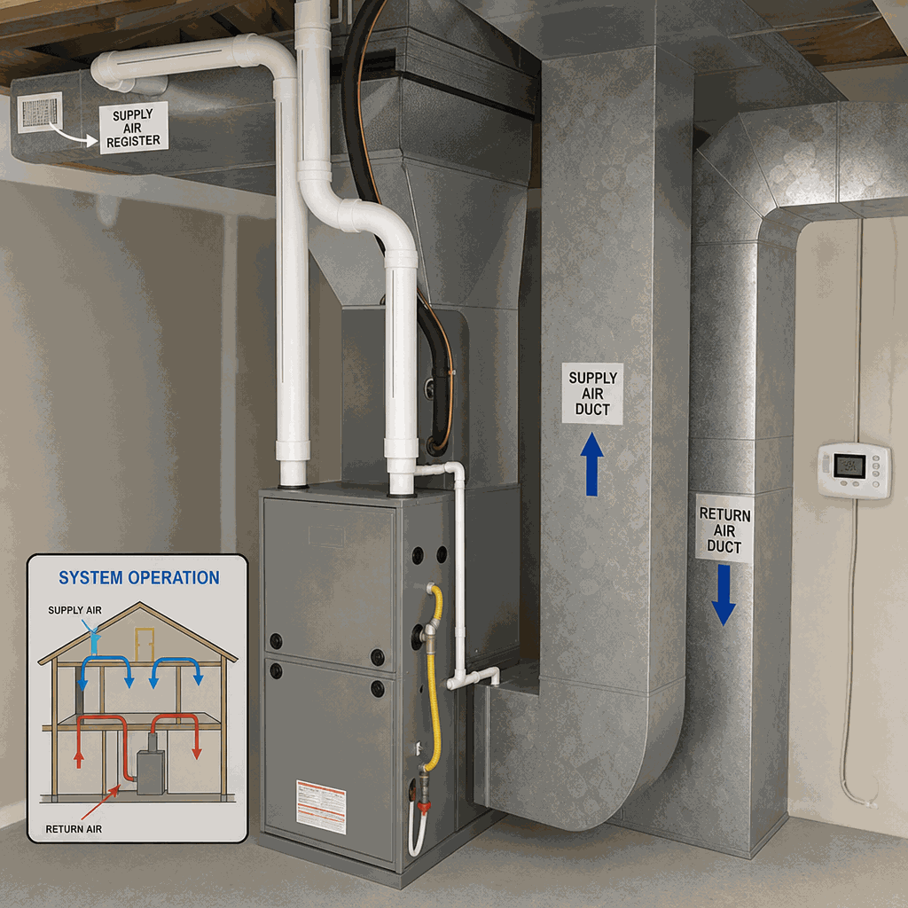 AI-generated generic HVAC system and ductwork technical scene, not a real job, property, customer, or staff
