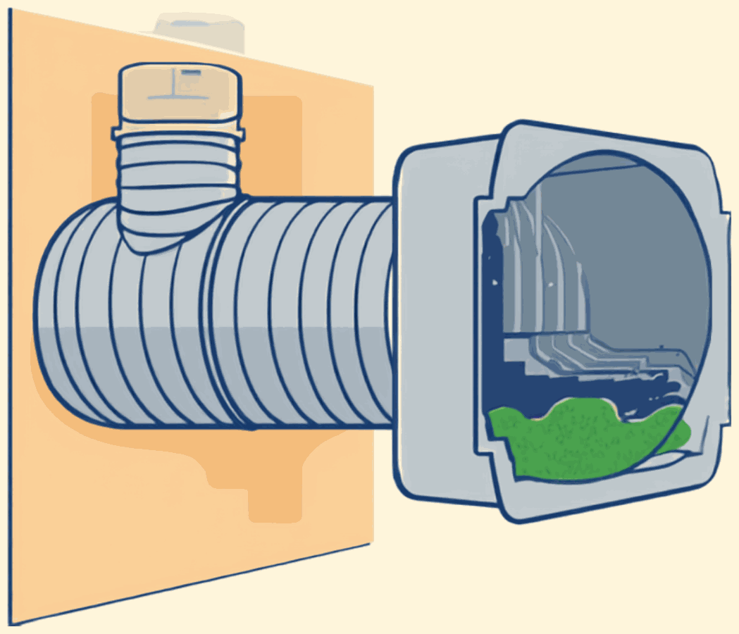 Cutaway illustration of a dryer vent duct passing through a wall to an exterior vent hood, with accumulated lint inside the duct
