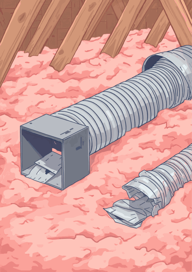 Illustration of attic ductwork: a sheet-metal boot with an open seam and a separated length of flexible duct lying in insulation