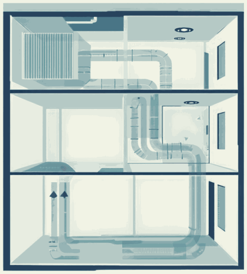 Cutaway illustration of a building interior showing ductwork carrying air from the air handler out through ceiling diffusers